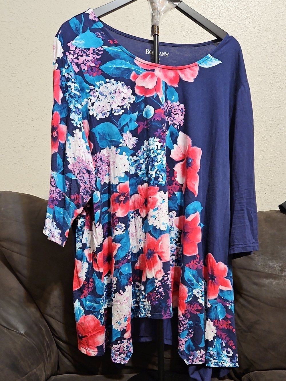 Roaman's Navy Floral Tunic with Coral, Pink & Teal Blooms